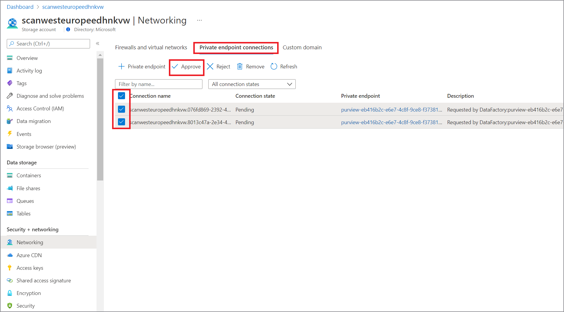 Capture d’écran montrant comment approuver un point de terminaison privé managé pour un compte de stockage managé