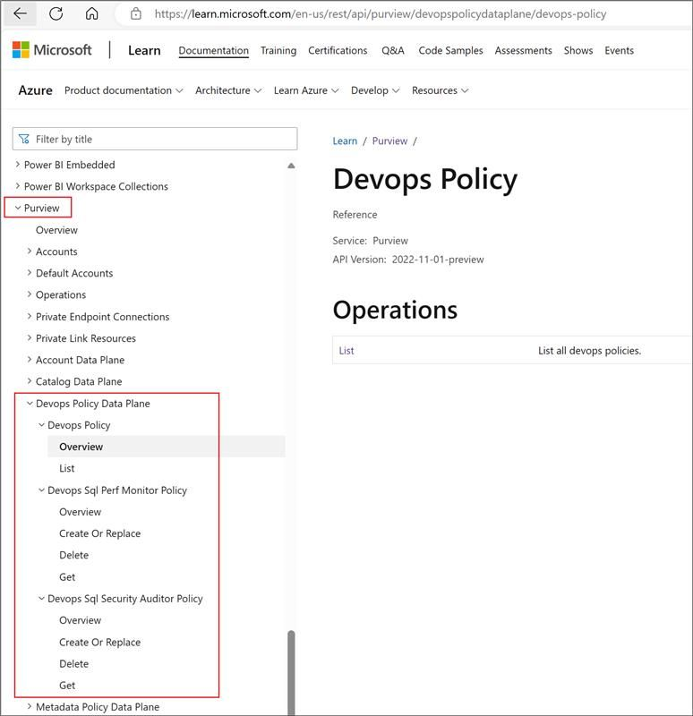 Capture d’écran montrant où trouver l’API DevOps dans le menu API REST Azure.