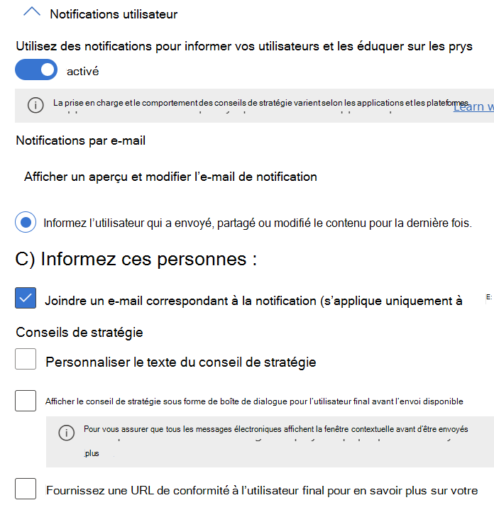 Options de configuration de notification utilisateur et de conseil de stratégie disponibles pour Exchange, SharePoint, OneDrive, Teams Chat and Channel et Defender for Cloud Apps