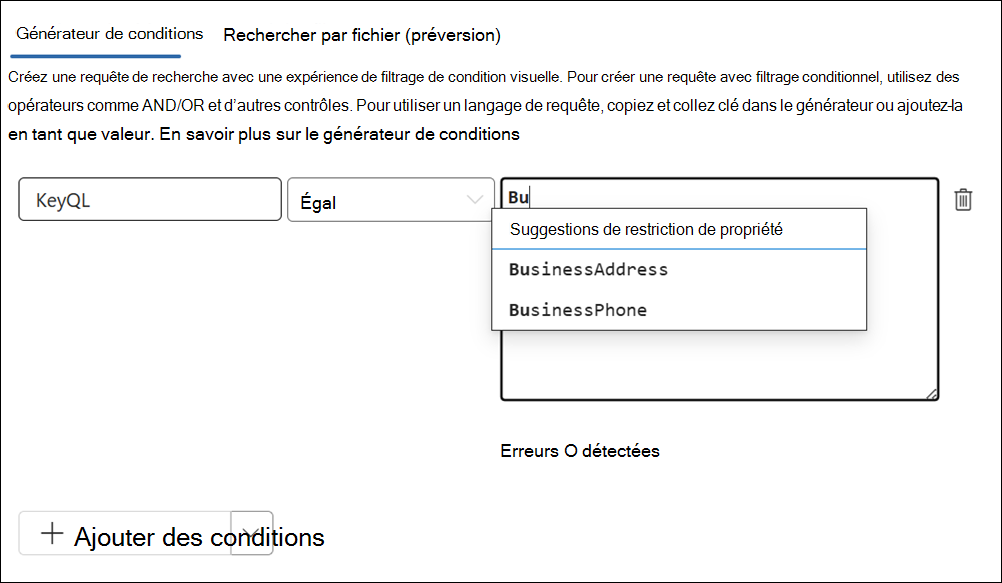 KeyQL éditeur suggère des propriétés prises en charge.