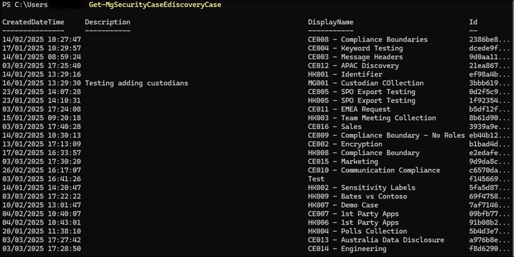Exemple PowerShell pour la liste des cas eDiscovery.