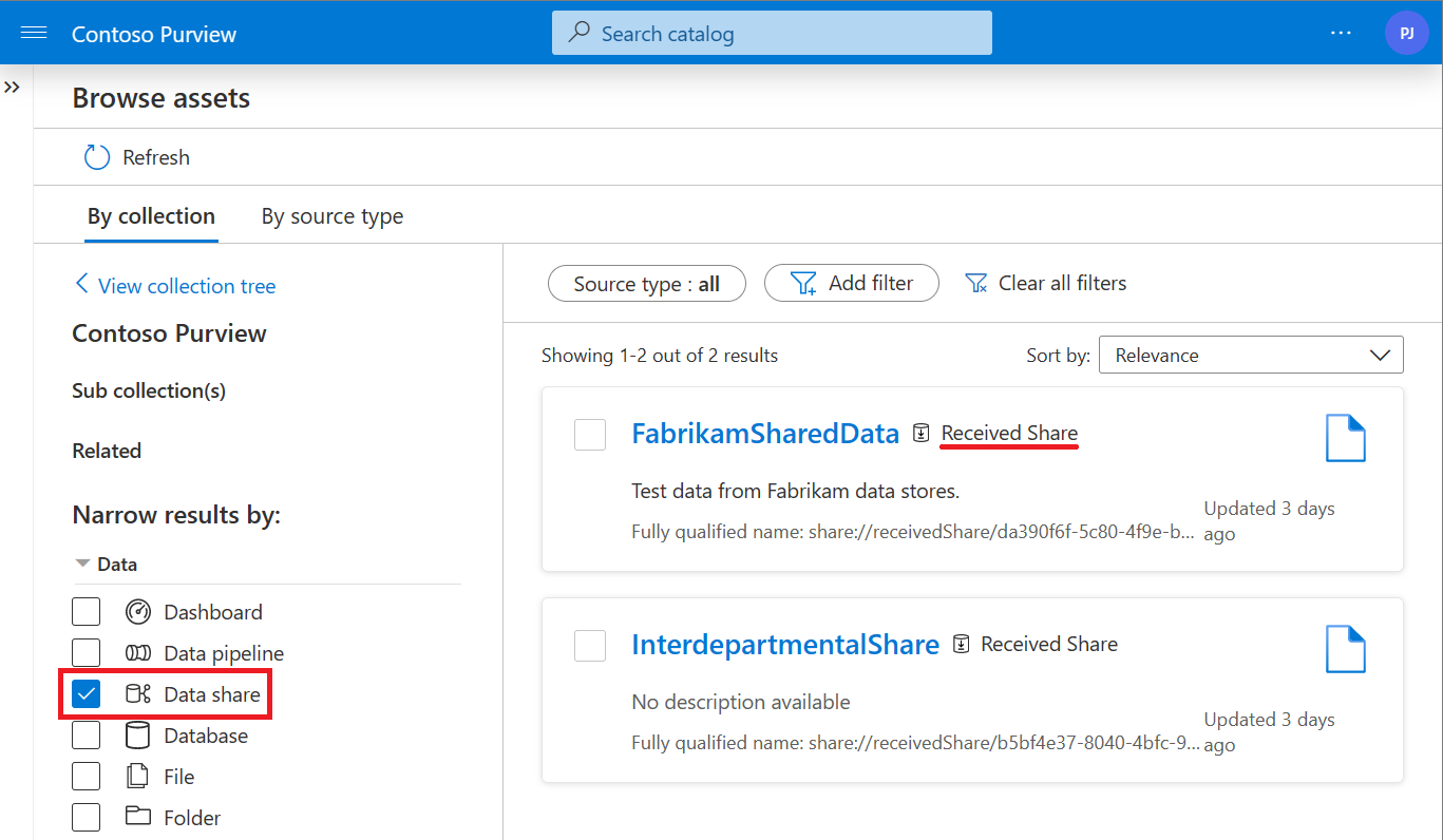 Capture d’écran de la recherche dans le catalogue de données, montrant le filtre de partage de données sélectionné et un partage mis en surbrillance.
