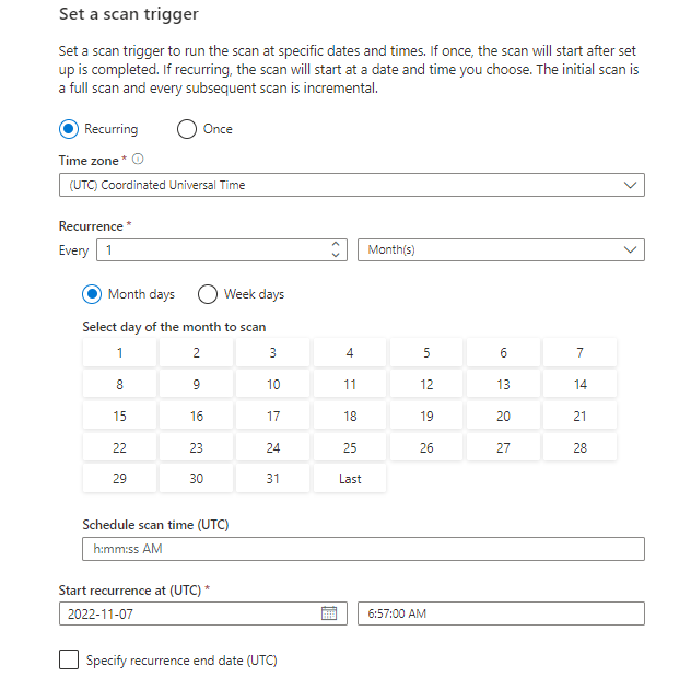 Capture d’écran montrant la configuration d’un déclencheur d’analyse périodique.