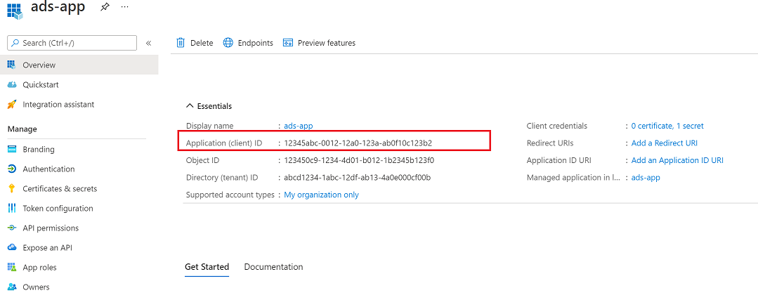 Capture d’écran montrant l’ID d’application d’un principal de service.