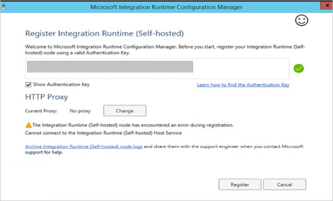 Capture d’écran de la fenêtre Integration Runtime Configuration Manager, montrant une erreur d’inscription du runtime d’intégration.