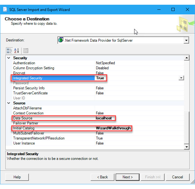 Choix de la destination SQL Server