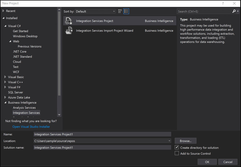 Capture d’écran de la boîte de dialogue Nouveau projet, avec le modèle Projet Integration Services - Business Intelligence mis en évidence.