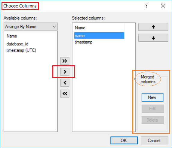 Capture d’écran montrant la boîte de dialogue Sélectionner les colonnes, qui propose aussi les options de fusion des colonnes.