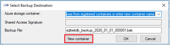 Capture d’écran de la fenêtre de boîte de dialogue Sélectionner la destination de la sauvegarde avec l’option Nouveau conteneur en évidence.