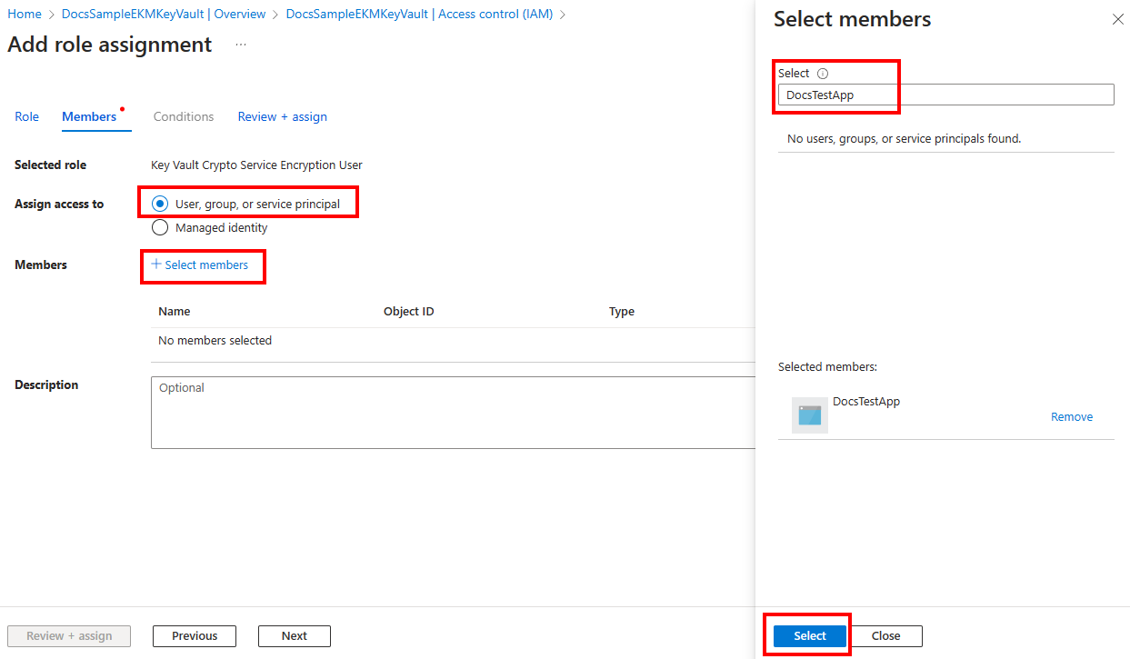 Capture d’écran du volet Sélectionner des membres pour l’ajout d’une attribution de rôle dans le portail Azure.