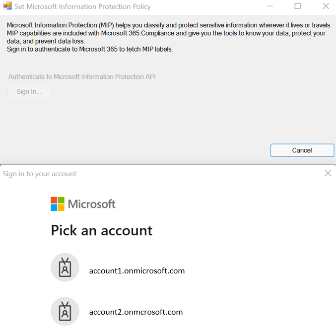 Capture d’écran de l’authentification pour définir la stratégie Microsoft Information Protection