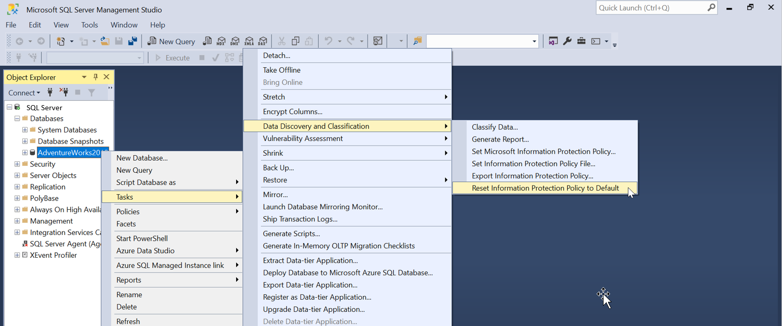 Capture d’écran de la réinitialisation de la stratégie Information Protection dans SSMS
