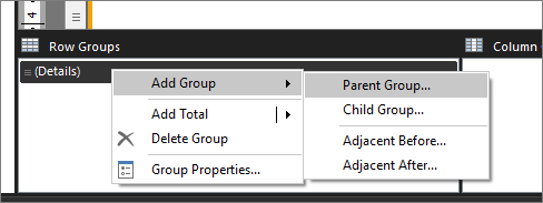 Capture d’écran montrant comment ajouter un groupe parent à un rapport au format libre du générateur de rapports.