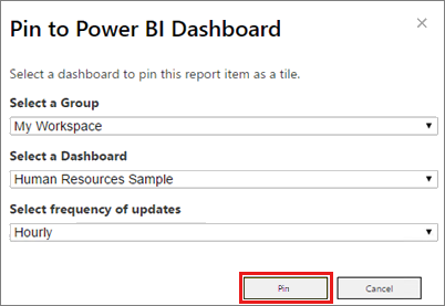 Capture d’écran montrant la boîte de dialogue Épingler au tableau de bord Power BI.