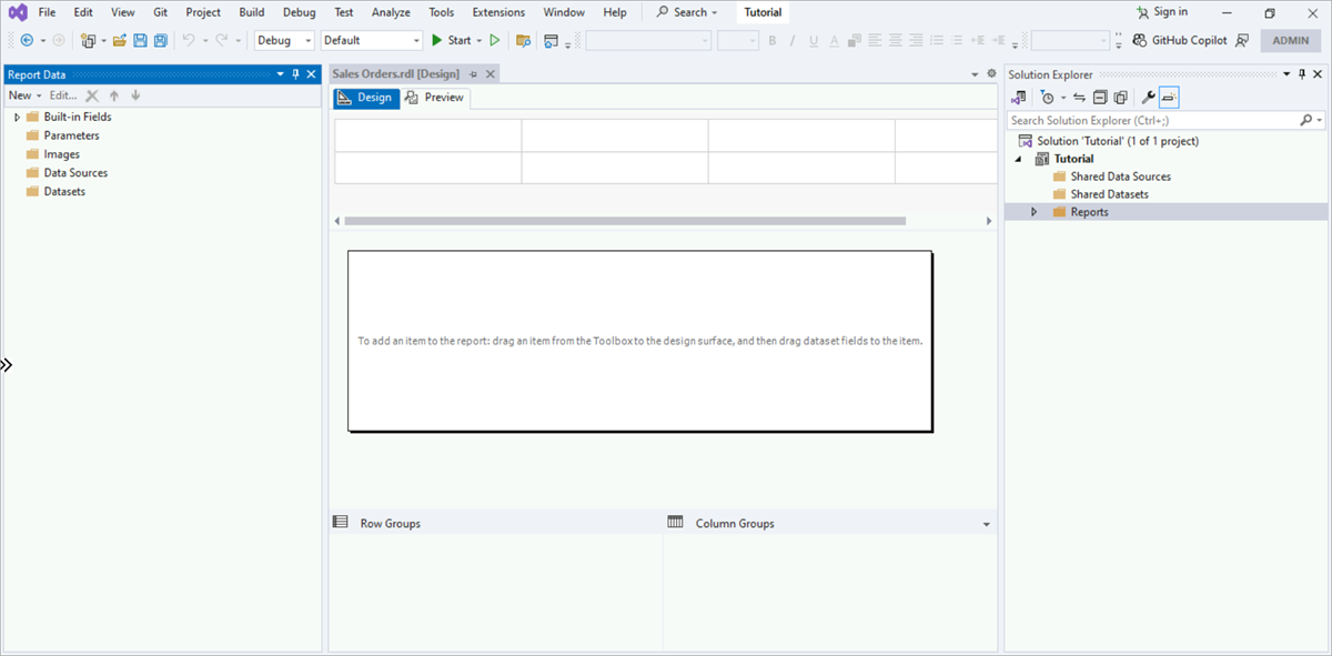Capture d’écran de Visual Studio montrant Report Designer et le rapport Sales Order en mode Création.
