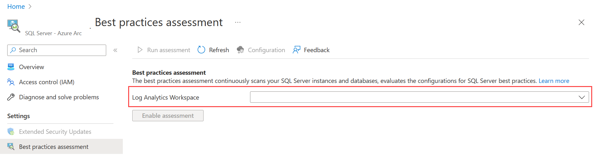 Capture d’écran montrant où spécifier l’espace de travail Log Analytics pour l’évaluation des meilleures pratiques SQL Server.