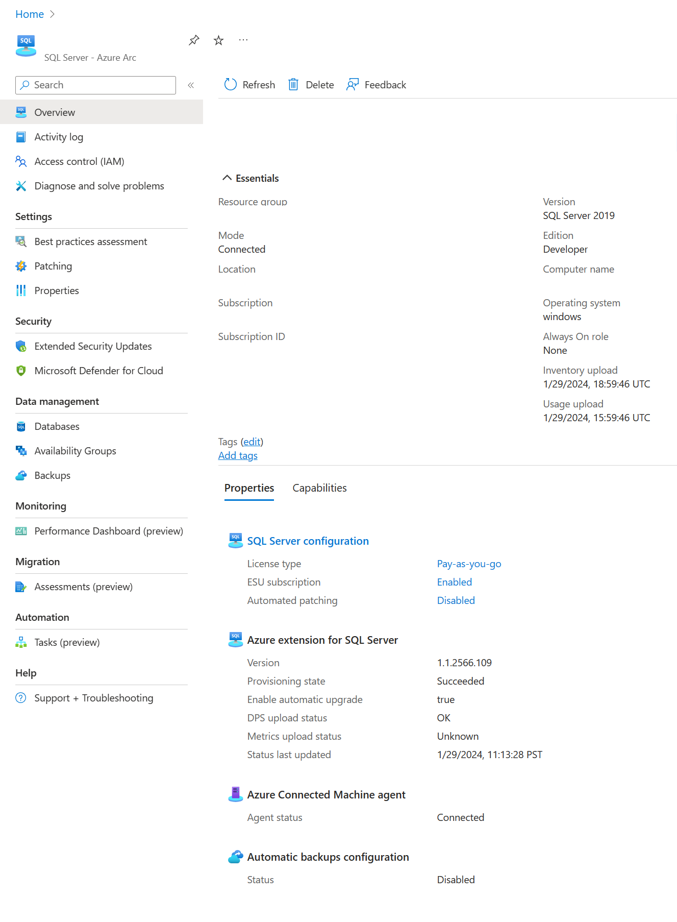 Capture d’écran de la validation d’une ressource SQL Server connectée.