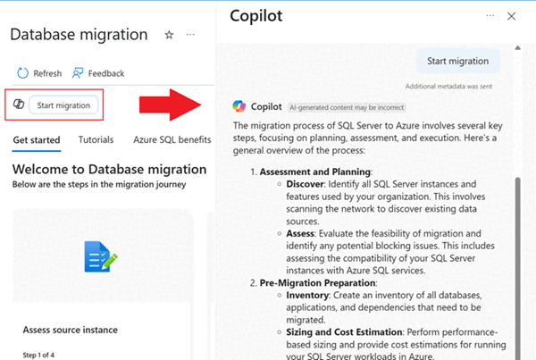 Screenshot qui affiche l’icône de Copilot dans le volet migration de base de données dans le portail Azure.