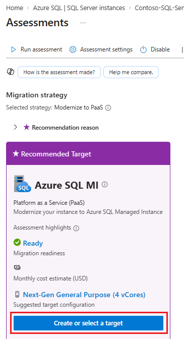 Screenshot qui affiche le volet Évaluations dans le portail Azure, avec Créer la cible mise en surbrillance.