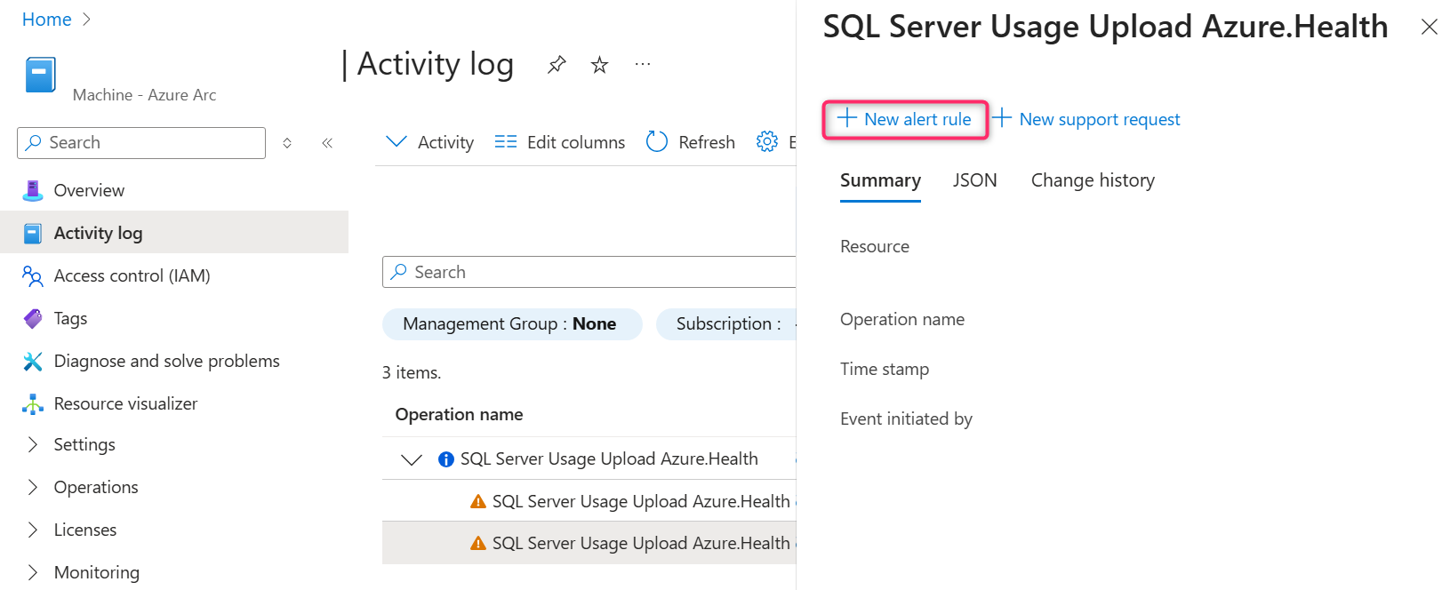 Capture d’écran du portail Azure. Sélectionnez l’entrée de log.