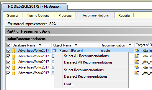 Capture d’écran du menu de sélection pour la recommandation d’index.