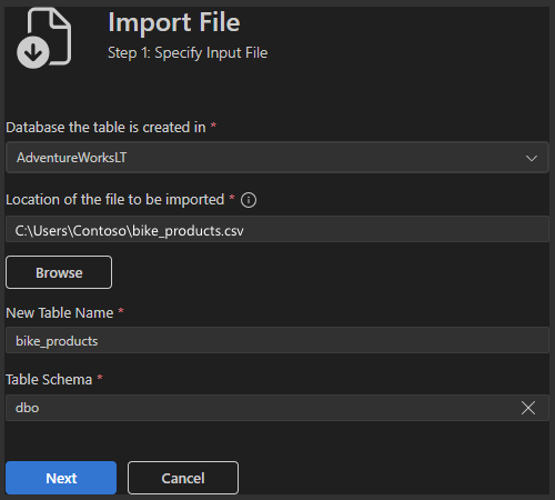 Capture d’écran de l’étape&nbsp;1 de l’assistant Importation de fichier montrant la configuration du fichier d’entrée.