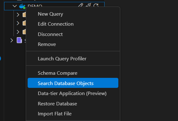 Capture d’écran de l’option Rechercher des objets de base de données dans le menu contextuel de l’Explorateur d’objets.
