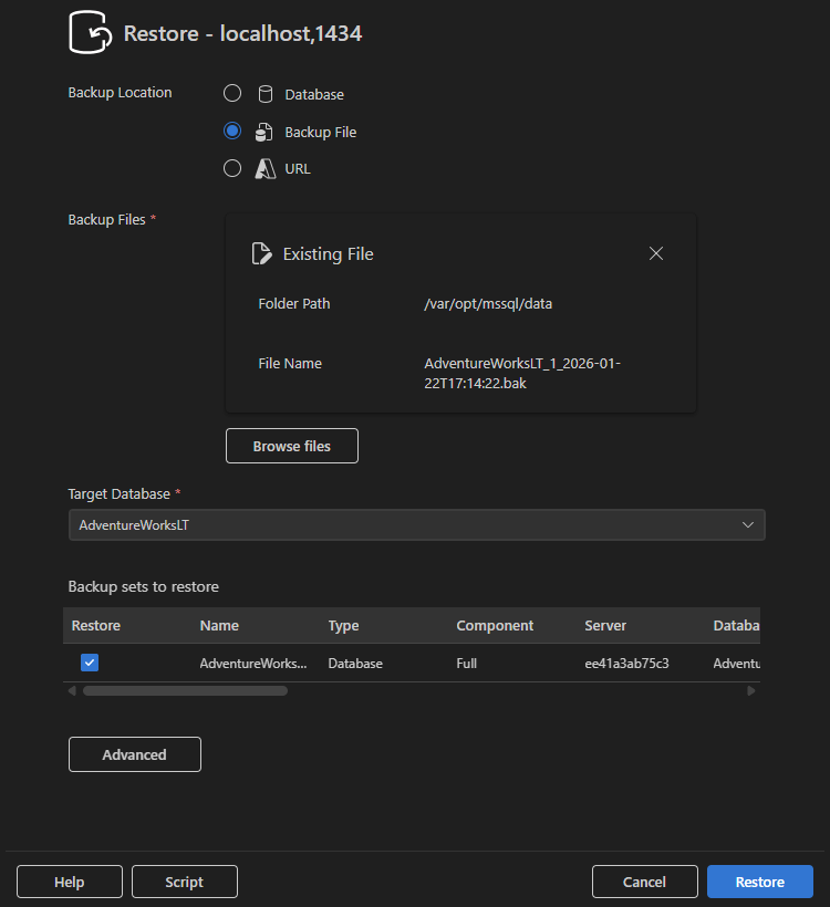 Capture d’écran de la boîte de dialogue Restaurer avec l’option Fichier de sauvegarde sélectionnée.