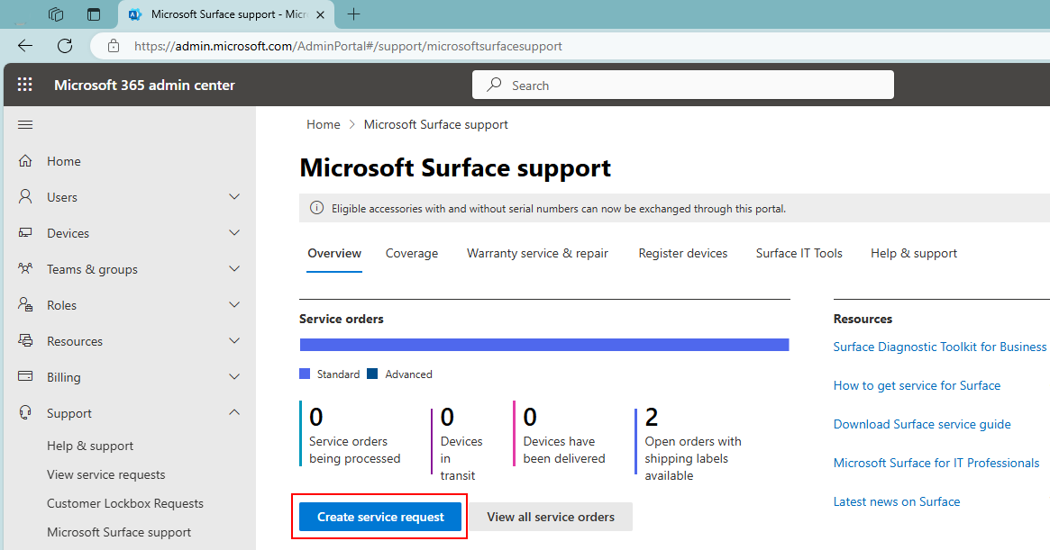 Capture d’écran de Centre d'administration Microsoft 365 montrant la fonctionnalité Nouvelle demande de réparation.