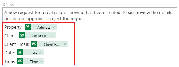 Capture d’écran montrant comment les champs dynamiques Client, Client Email, Date et Time sont ajoutés au paramètre Détails.