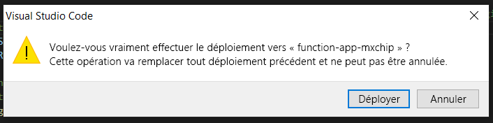 Screenshot of Visual Studio Code alert confirmping deployment of Azure function to the cloud.
