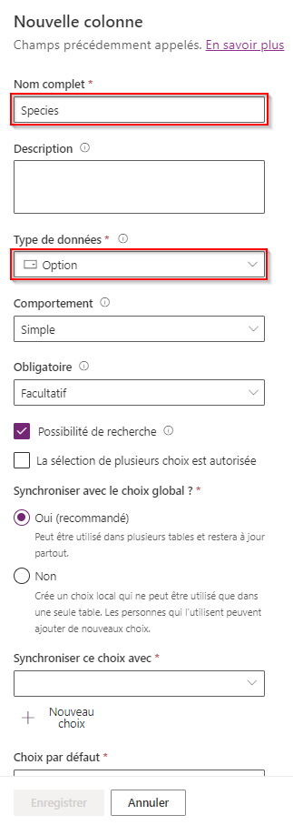 Capture d’écran du volet Nouvelle colonne.