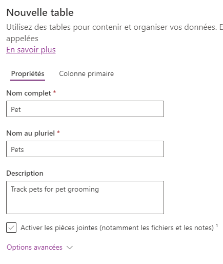 Capture d’écran de l’onglet Propriétés du volet Nouvelle table pour les animaux de compagnie.