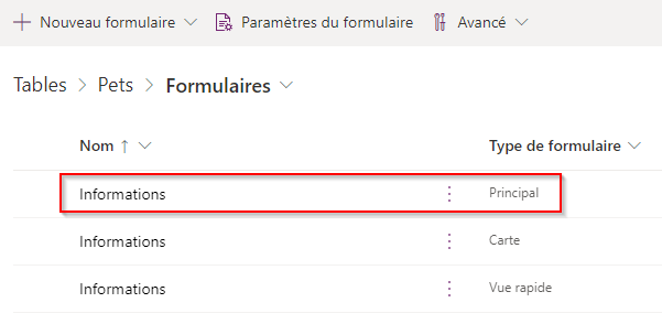 Capture d’écran de la liste des formulaires de la table Pet avec le formulaire Principal mis en évidence.