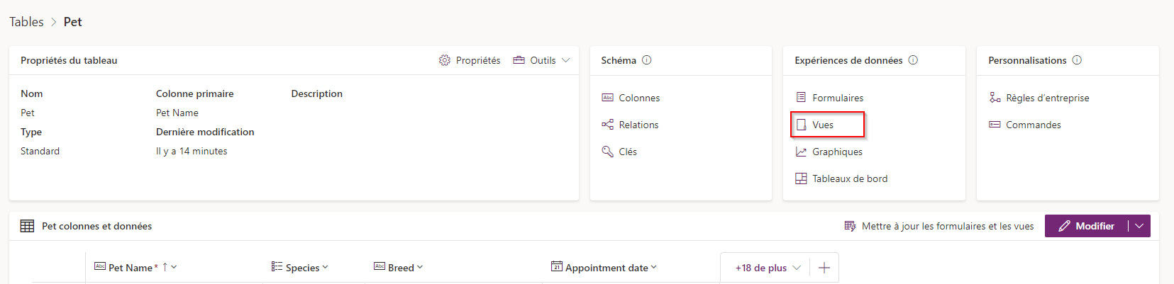 Capture d’écran de la page de la table Pet avec le bouton Vues mis en évidence.