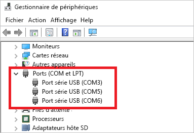 This illustration shows com ports in Device Manager.