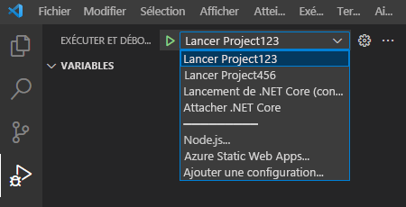 Capture d’écran montrant les options de configuration de lancement dans la vue Exécuter et déboguer.