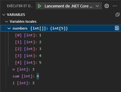 Capture d’écran montrant les éléments de tableau développés dans la section Variables de la vue Exécuter et Déboguer.