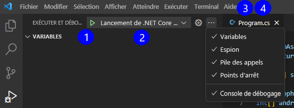 Capture d’écran montrant le panneau Contrôles pour la vue Exécuter et Déboguer.