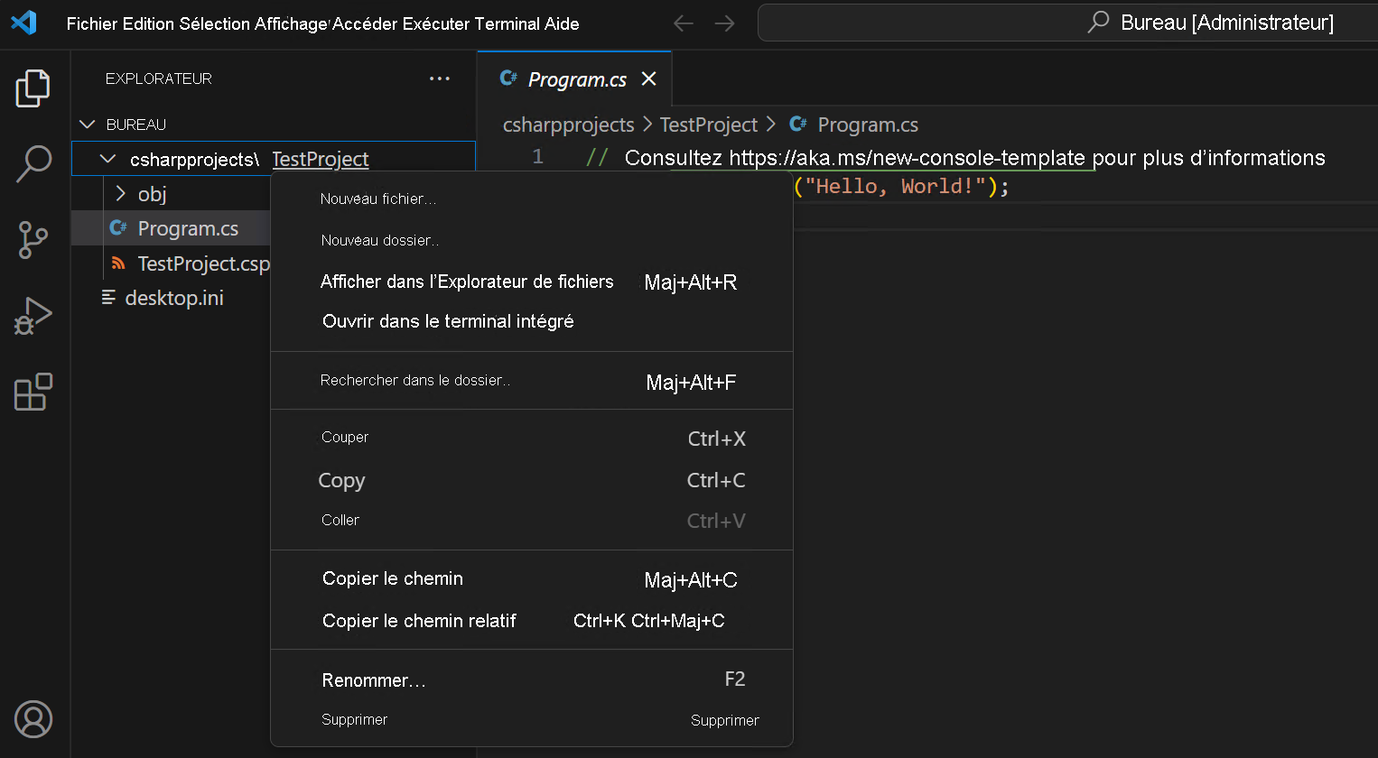 Capture d’écran montrant une commande entrée dans le panneau du terminal intégré de Visual Studio Code.
