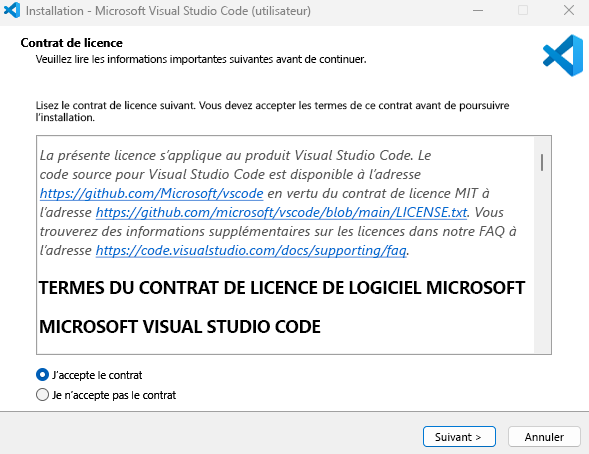 Capture d’écran montrant le programme d’installation de Visual Studio Code.