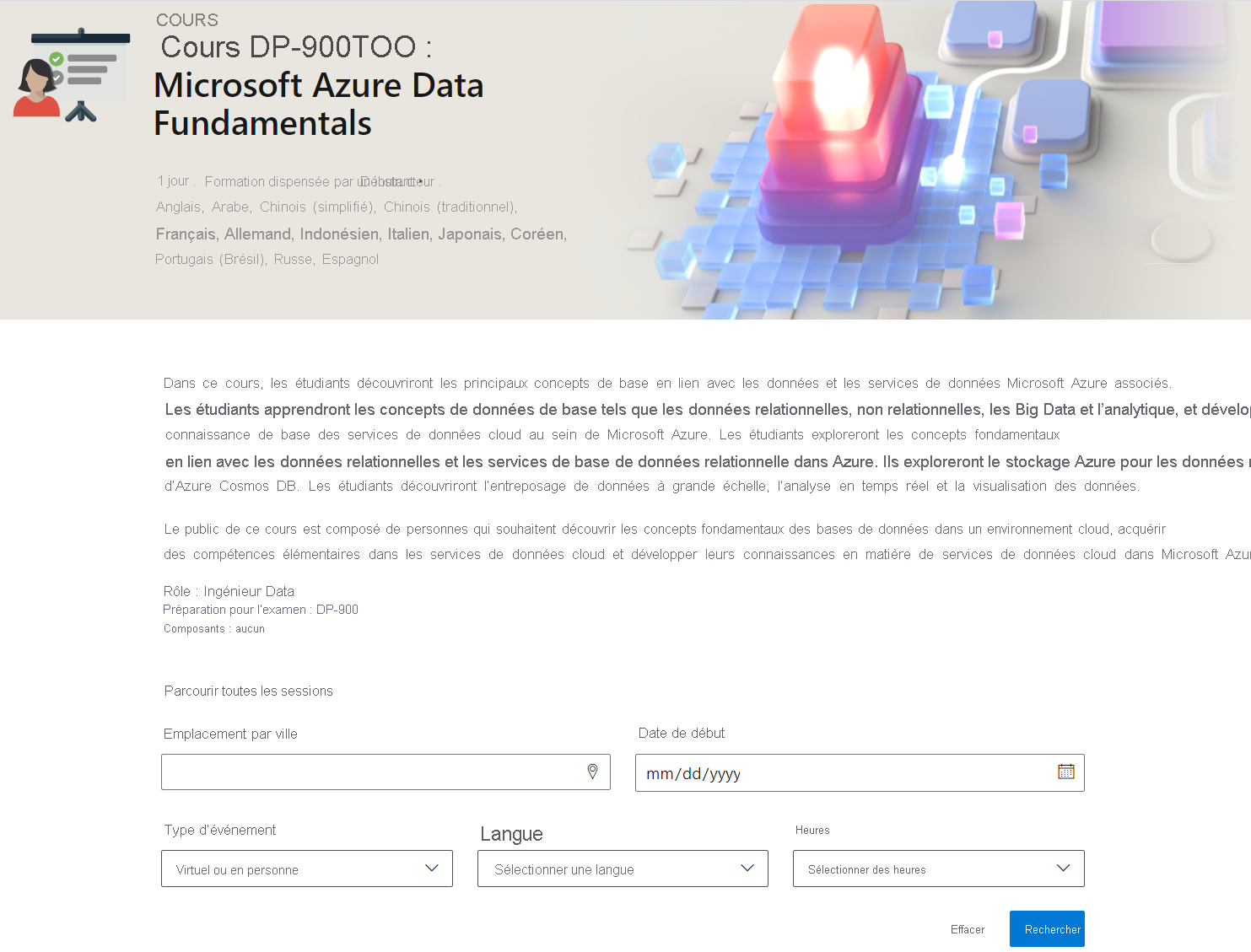 Capture d’écran de la page de détails Microsoft Azure Data Fundamentals (Course DP-900T00), avec le planificateur ILT visible.