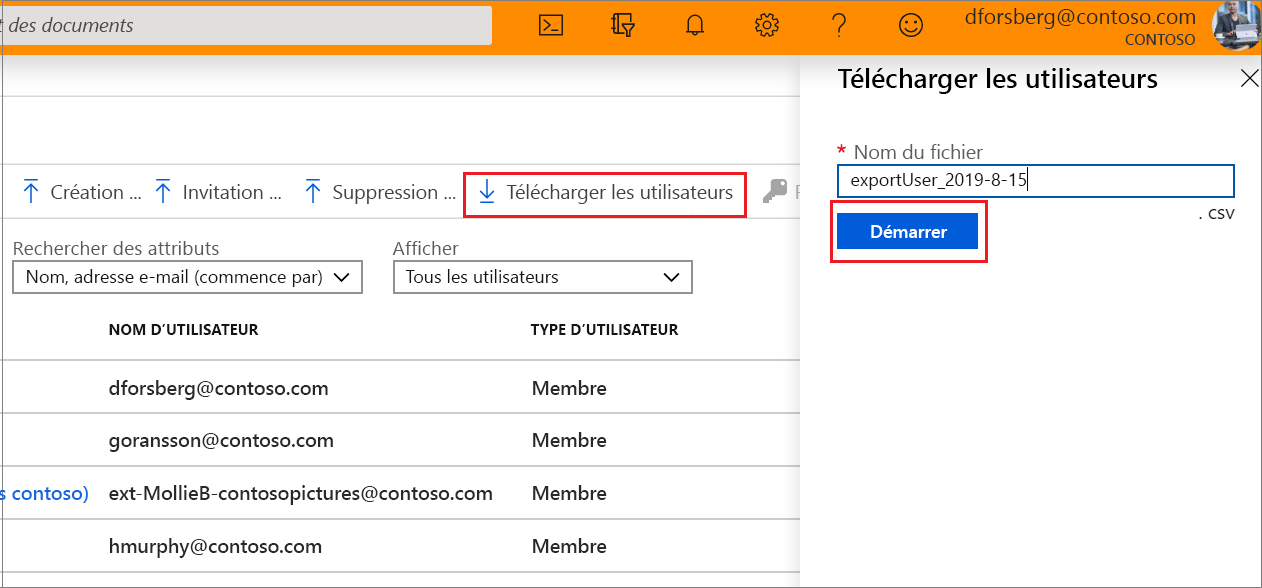 Portail Azure affichant le bouton pour télécharger le fichier CSV des utilisateurs.