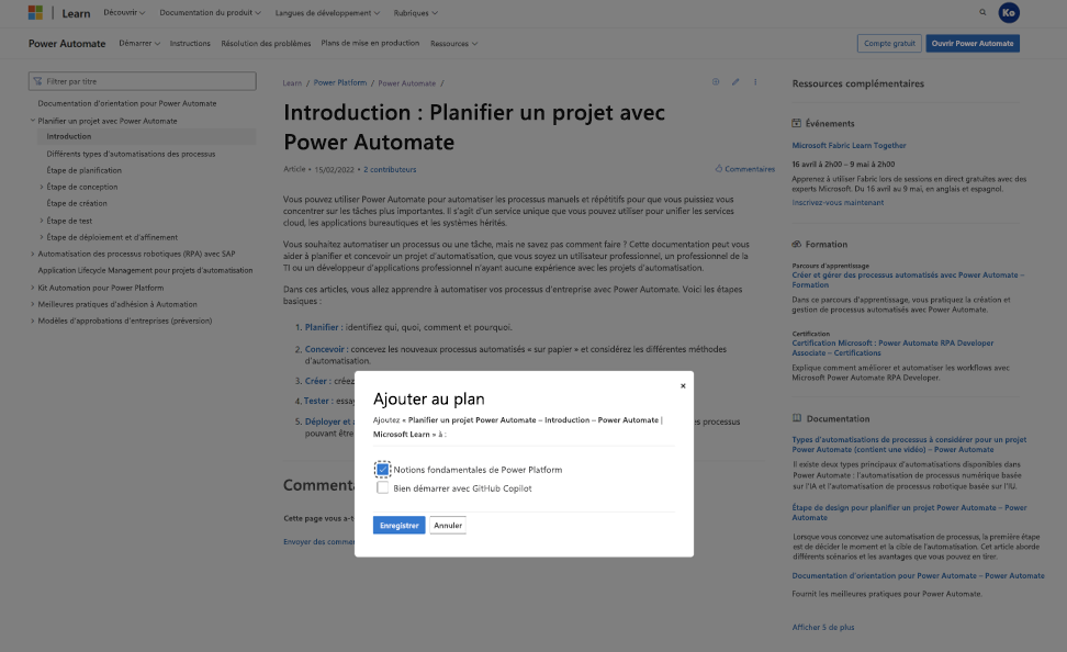 Capture d'écran de l'ajout de contenu à un plan non publié. Vous pouvez choisir un ou plusieurs plans auxquels ajouter le contenu.