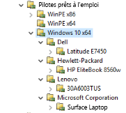 Capture d’écran des dossiers de pilotes dans Deployment Workbench.
