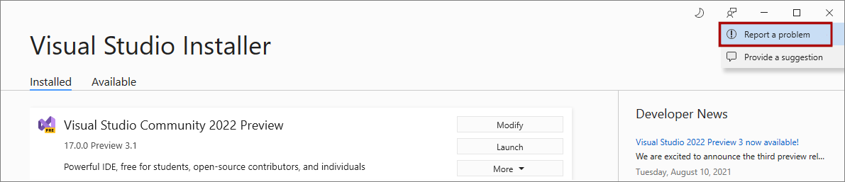 Capture d’écran montrant le bouton Fournir des commentaires dans le Visual Studio Installer.