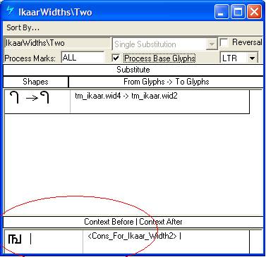 Screenshot of a dialog in Microsoft VOLT for specifying single glyph substitutions. One variant of the post base I matra glyph is substituted by another variant. A glyph group of consonant glyphs is specified as a preceding context.