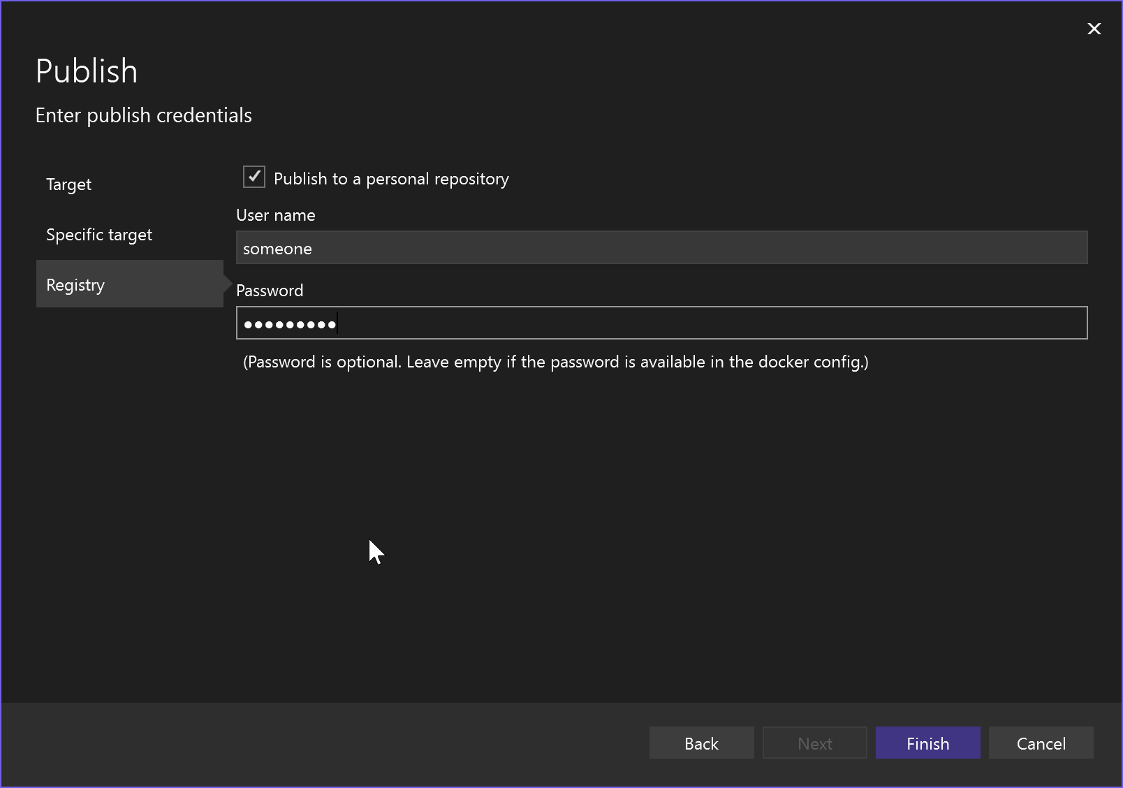 Capture d’écran de l’écran des informations d’identification Docker.