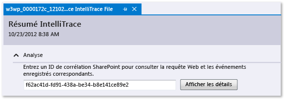 Journal IntelliTrace - Entrer l’ID de corrélation SharePoint