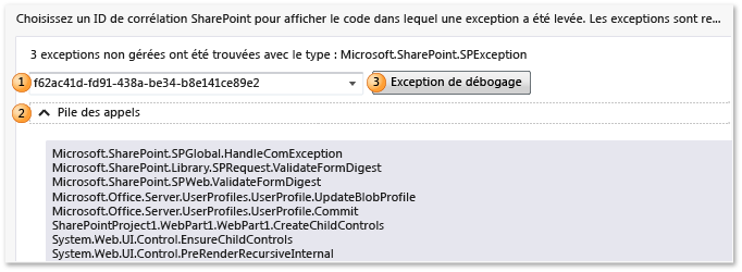 Journal IntelliTrace - Exceptions non gérées de SharePoint